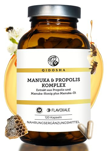 QIDOSHA® Propolis & Manuka Komplex mit dem Markenrohstoff Flavoxale®, 120 Kapseln im Apothekerglas, mit Manuka-Honig MGO 100+, ätherischem Manuka-Öl & Propolis-Exrakt, deutsche Fertigung