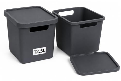 Plastard Aufbewahrungsbox mit Deckel 2er-Set 12,5 Liter in Anthrazit | BPA-Freie Ordnungsbox für Küche, Bad, Büro, Kinderzimmer, Robuste Stapelbare Kunststoffbox, 32 x 22 x 25 cm, Ordnungskiste