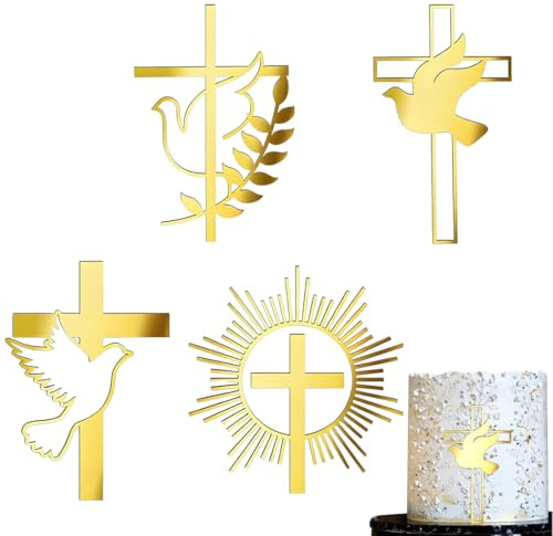 CATZUM Set Decorazioni Torta 4 Pezzi con Croce, Topper per Torta, Colombe in Acrilico, Effetto Specchio Brillante, Ideale per Matrimoni, Compleanni, Natale, Feste ECC. (15 x 10 cm) (Oro)