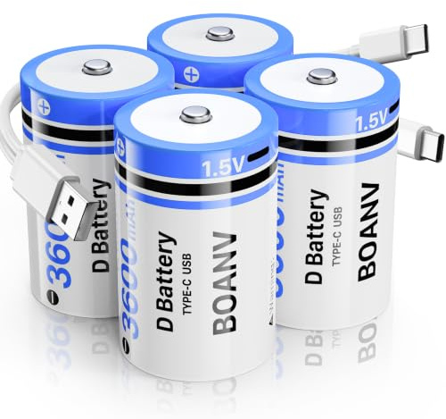 3600mAh BOANV D Batteries,1.5v Rechargeable Lithium D Batteries with 2 in 1 USB-C Chrging Cable x2, LR20 1.5v D Size Cell Batteries for Floodlight & Toys, 4 Pack