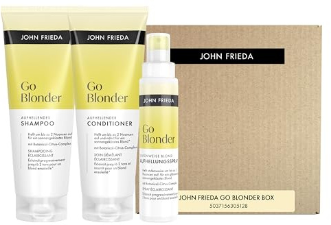 John Frieda Go Blonder Vorteilsset - Inhalt: Shampoo, 250ml, Conditioner, 250ml, Aufhellungsspray, 100ml - Für feines, blondes, blondiertes Haar - Aufhellend