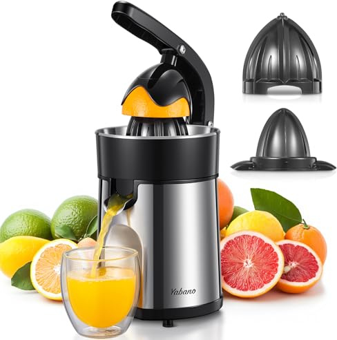 Yabano Electric Citrus Juicer, Stainless Steel Orange Juicer Machine with 2 Reamers, Anti-Drip Spout, Removable Filter & Juice Collector, Easy Clean Citrus Press for Oranges, Lemons, Limes & Grapefrui