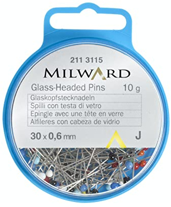 MILWARD Straight Sewing Pins, Glass Headed, Steel, Silver/Assorted, 30mm, 10g