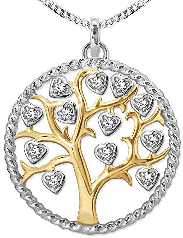 Clever Schmuck Pendentif grand arbre de vie ø 26 mm ouvert plaqué or avec de nombreuses petites pierres zircones en forme de cœur et chaîne de 60 cm en argent sterling 925