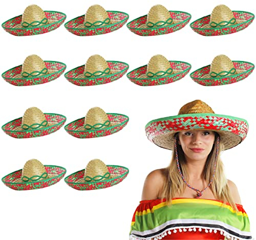 I LOVE FANCY DRESS SOMBREROS MEXICANOS DE PAJA CON PADRON VERDE Y ROJO PARA ADULTOS PERFECTO PARA FIESTAS TEMATICAS (12 UNIDADES)
