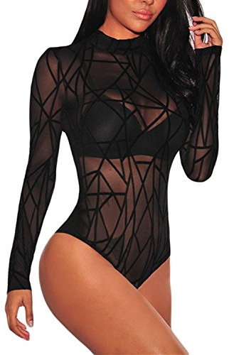 Aranmei Women Sexy Sheer Floral Lace Bodysuit Long Sleeve Teddy Lingerie, S, Black Striped