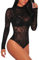 Aranmei Women Sexy Sheer Floral Lace Bodysuit Long Sleeve Teddy Lingerie, S, Black Striped