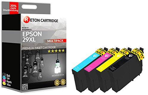 4 Reton Druckerpatronen | 20% höhere Druckleistung | kompatibel zu 29XL Erdbeer T2991 schwarz, T2992 Cyan, T2994 gelb, T2993 Magenta