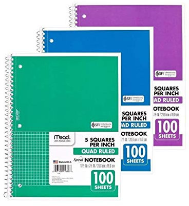 Mead Spiral Quad Ruled Notebook, 1 Subject 5 Squares per inch 100 Sheets (Colors May Vary) (3 Pack)