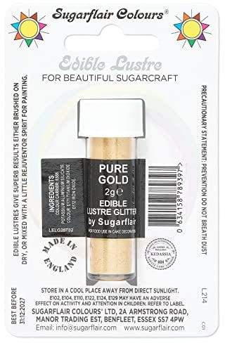 Sugarflair Pure Gold Edible Lustre Glitter, Add a Lustrous Shine to Cakes or Decorations. Brush On or Add Rejuvenator to Create Eye-Catching Edible Paint - 2g