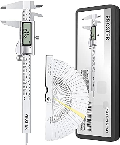 Proster 150mm Calibro Digitale Frazione/Pollice/Metrico in Acciao Inox con Spessimetro Feeler Gauge 32 Pale - 6 Calibro a Corsoio Elettronico LCD Display Lunghezza Larghezza Profondità Diametro