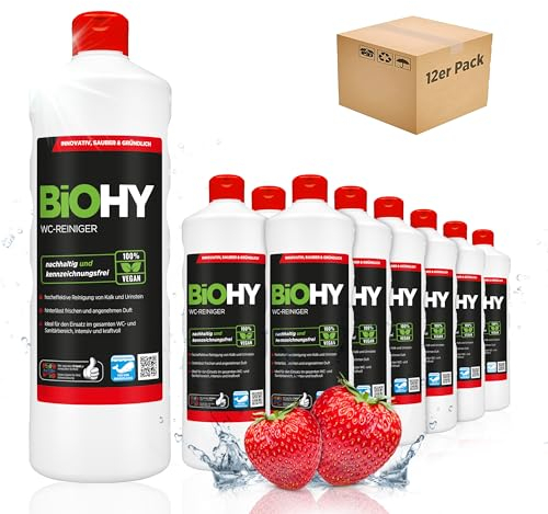 BiOHY WC-Reiniger (12 x 1 Liter) | Bio Toilettenreiniger mit frischem Schaum | EXTRA STARK | Badreiniger Gel wirkt effektiv gegen Kalk & Urin | säubert die Toilette blitzschnell