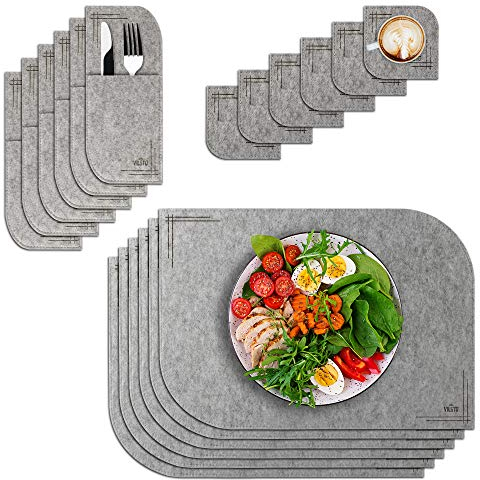 VILSTO Tischset Filz 18er Set, Tischsets Abwaschbar, Teller Set Untersetzer Gläser Bestecktaschen, Küchen Deko, Tischdeko Esstisch, Platzset Abwischbar, Hellgrau