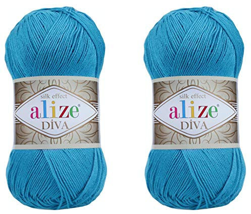Alize Diva-Garn, Handstrickgarn, 100% Mikrofaser, Acrylgarn, Alize Diva, Seideneffekt, Häkeln, Kunst, Spitze, Handwerk, viele 2 Knäuel, 200 g, 767 Yds (245-Sotschi-Blau)