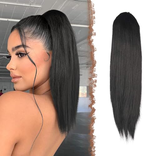 FESHFEN Pferdeschwanz Extensions mit Kordelzug Lang Gerade Zopf Pferdeschwanz Haarteil Glatt Haarverlängerungen Synthetik Drawstring Ponytail Extension für Damen 40 cm Natürliches Schwarz