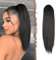 FESHFEN Pferdeschwanz Extensions mit Kordelzug Lang Gerade Zopf Pferdeschwanz Haarteil Glatt Haarverlängerungen Synthetik Drawstring Ponytail Extension für Damen 40 cm Natürliches Schwarz