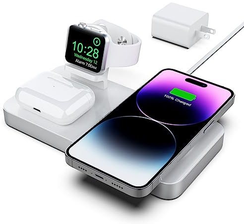 Boaraino Magnetisch Wireless Charger, 3 in 1 Magnetischer Kabellose Ladestation für iPhone 15/14/13/12 Serie, Apple Watch Ultra/SE/9/8/7/6/5/4/3, AirPods Pro 2/Pro/3 (Mit 18W QC 3.0 Adapter)
