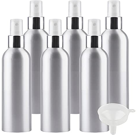 TIANZD 6 Pièces Portable Vide Flacon Aluminium 200 ml avec Bouchon Pompe Spray Blanc/Argent Vaporisateur Bouteille pour l'eau Parfum Cosmétique Cheveux Voyage Rechargeable, 1 Pièce Entonnoir