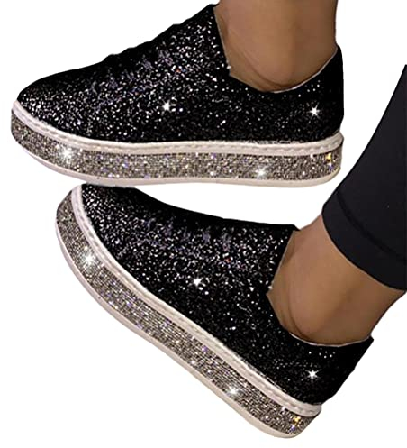 Minetom Sneakers Damen Pailletten Flache Sneaker Atmungsaktiv Glitzer Turnschuhe Outdoor Sportschuhe Laufschuhe Schuhe Schnürsenkel Walkingschuhe B Schwarz 42 EU