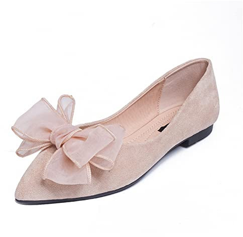 MACHSWON Womens Ballet Flats Pointed Toe Bow Faux Suede Ladies Black Slip On Ballet Pumps Dolly Shoes(Apricot, Size 7.5)