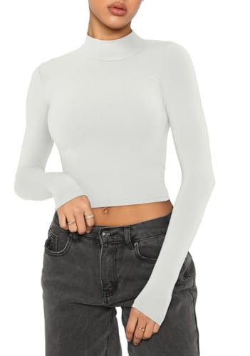 REORIA Damen Sexy Langarmshirts Slim Y2K Crop Tops Rollkragen Geripptes Enges T-Shirt Basic Oberteil Longsleeve Teenager Aesthetic Clothes