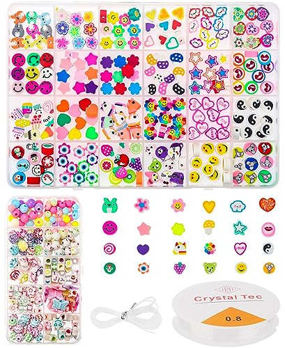 Prmape 420 Pezzi Perline per Braccialetti, Kit Braccialetti Fai Da Te Bambina con 1 Rotolo Filo Perlato, Crea Collane e Bracciali Bambina, Gioco Creativo per Bambini di 3+ Anni