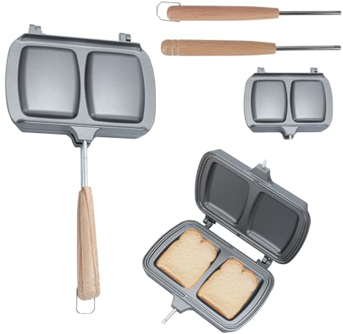Sandwichera Gofrera, Sandwichera Grill dos Caras, con Revestimiento Antiadherente, Sandwicheras para Tostadas, Gofres y Carne, Sólo para uso con Fuego Abierto, para Desayunos Familiares o Camping