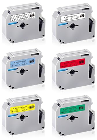 UNOKA M Tape 12mm Kompabel für Brother M-K131 M-K231 M-K431 M-K531 M-K631 M-K731 Bänder für Brother P-touch PT-M95 PT-90 PT-65 PT-60 PT-55 PT-70 PT-80 PT-85, 12mm x 8m Weiß Clear Blau Rot Gelb Grün