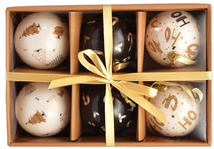 Ciao- Set 6 sfere decoupage ornamentali Ho Ho Ho (Ø7,5cm) con nastro in tessuto per albero di Natale in giftbox avana