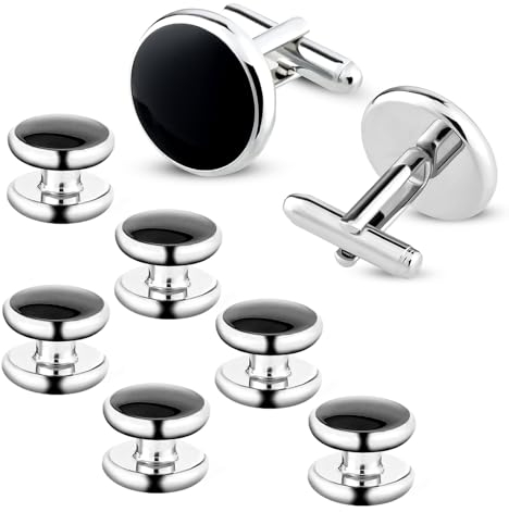 Aster 8 Pcs Men's Cufflinks, Tuxedo Studs Set for Men Classic Black&Silver Cufflinks Shirt Studs Men's Jewelry or Accessories Best Gift for Men Suitable for Wedding, Banquet, Ceremony, Business