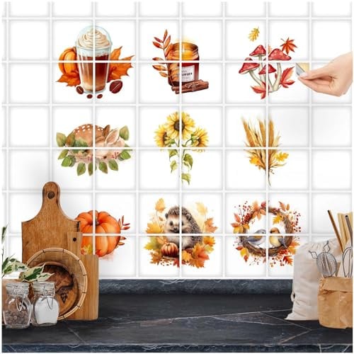 FoLIESEN Fliesenaufkleber für Bad, Küche, Badezimmer - Fliesen-Folie selbstklebend - Deko-Aufkleber- Herbst-Collage, .:10x10 cm - 36-tlg.