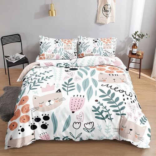 HOSIMA Bettwäsche-Set für Cartoon-Katze für Erwachsene, Jungen und Mädchen,Cartoon-Katze-Aufdruck, Bettbezug mit 2 Kissenbezügen (Cartoon-Katze05 M)
