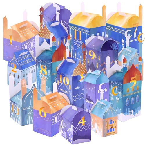 Ramadan Kalender zum Befüllen Yotako 30 Adventskalender Ramadan Geschenkboxen Tüten mit 30 Zahlenaufkleber Mubarak DIY Geschenktüten Kinder Wiederverwendbar Muslimischen Ramadan Deko(Blau und Tiefblau