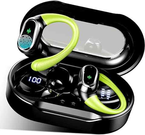 Auriculares Inalámbricos Deportivos, Auriculares Bluetooth 5.3 HD Mic con Reducción de Ruido, 50 H HiFi Estéreo Cascos Inalambricos Bluetooth con Pantalla LED, IP7 Impermeable Auriculares, Negro-Verde