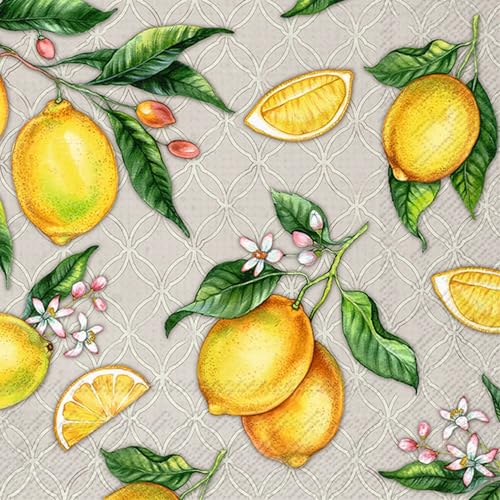 20 Servietten Essen & Trinken Zitronen auf beige als Tischdeko. Papierservietten mit Motiv. Auch für Decoupage und Serviettentechnik 33x33cm