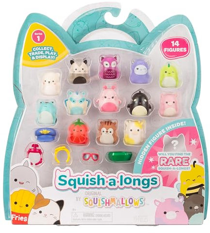 Squish-a-longs SQAL0087-14er Pack, enthält 14x 2.5 cm Mini-Squish, 4X Zubehör, 1x Ring & 1x Sammlerhandbuch - Sammeln, Tauschen, Spielen
