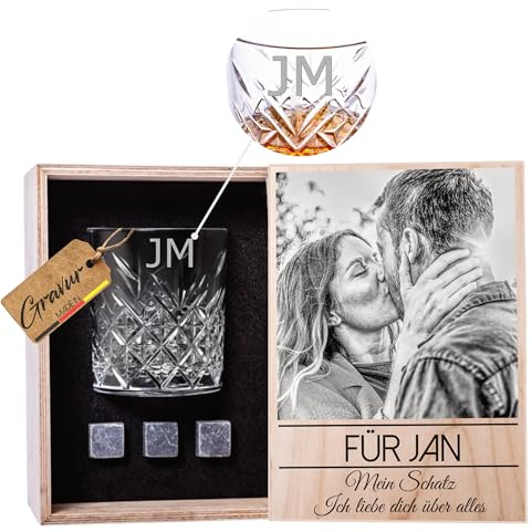 Personalisierbare Whiskey Box mit Foto - Whiskey Glas mit Gravur & Holz Geschenkbox - Whisky Steine - Geschenkset -Männergeschenke,Weihnachten/Geburtstag/Vatertag