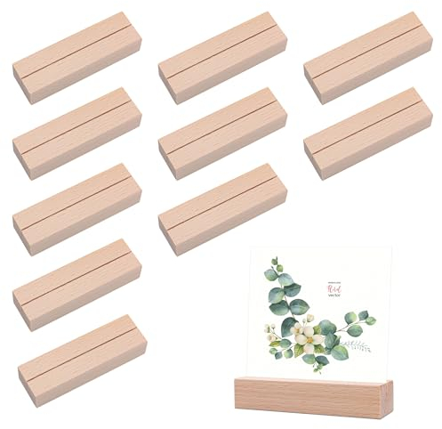 10 Stück Kartenhalter Holz, Tischkartenhalter aus Buchenholz (10x3x2cm), Menühalter, Fotoständer & Postkartenhalter für Hochzeiten, Restaurants, Bankette, Events, Stapelbar, Natürliche Holzoptik