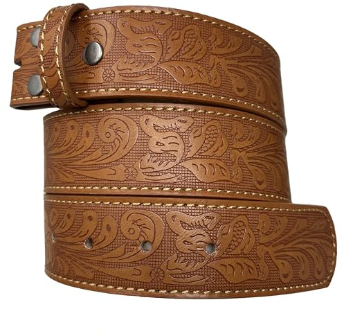 BC Belts Western Leather Belt Strap - 1.5” Wide with Embossed Scrollwork Without Buckle for Men & Women, Cowboy/Cowgirl Style, Light Brown, X-Small (26-28 Waist)