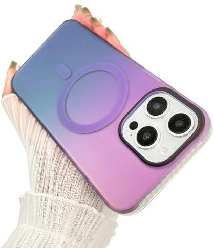 UZEUZA Magnetic Fluorescent Iridescent Gradient Luxury Phone Case for iPhone 15 Pro[Compatible with MagSafe] Matte Texture Shockproof Protective Slim Phone Cover for Women Men,Purple Blue