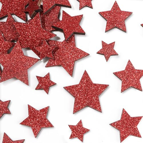 36 Stück 3 Größen Holzsterne Streudeko Glitzer Sterne aus Holz Basteln Konfetti Dekoration Tisch Deko Ideal als Weihnachtsdeko Tischdeko Weihnachten Jubiläum Hochzeit Geburtstag Party (Rot 5 Eckig)