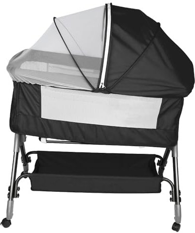 HUOLE Berceau avec Matelas,3 in 1 Berceau Cododo avec Matelas et Moustiquaire,Lits bébé Lit cododo 4 en 1 Berceau cododo bébé 4 Hauteurs Réglables,104 * 52 * 100-110 cm (4 Niveaux de Hauteur) - Noir