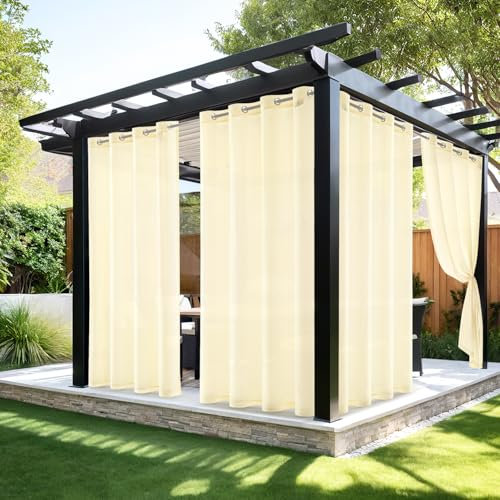 MIULEE Outdoor Vorhang Transparent Wetterfest Außenvorhang mit Ösen Gardinen Voile Wasserdicht Sichtschutz, für Pavillon Terrasse Pergola Balkon Garten, 2er Set, B 132 x H 275cm, Beige