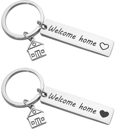 Sdhgerh 2 Stück Willkommen zu Hause Schlüsselanhänger Personalisiert Edelstahl Schlüsselanhänger Auto Schlüsselbund mit Häuschen und Herz-Muster 12.5x5 cm