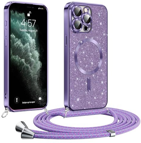 Phoona handyband Hülle für iPhone 11 Pro Max mit Band, Glitzer Handyhülle Kompatibel mit MagSafe, Ganzkörperschutz Kratzfeste Stossfest Schutzhülle mit Einstellbar Kette, Lila