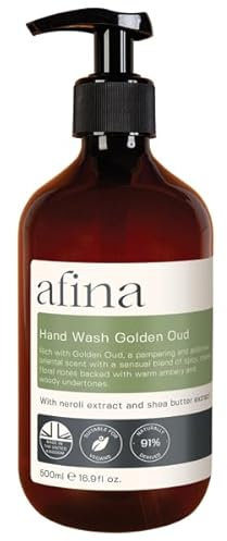 Afina Golden Oud Luxury Hand Wash - 500ml Hand Soap Bottle - Sensual Blend of Spicy, Creamy Floral Notes Backed With Warm Ambery & Woody Undertones - Vegan Friendly Handwash - UK Produced