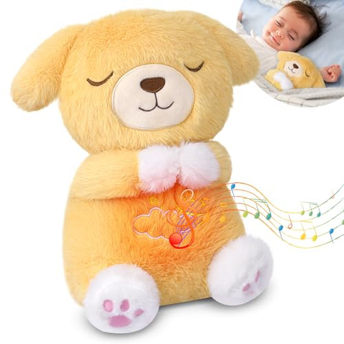 Yamepuia Hund Atmendes Kuscheltier,25cm Hund Schlummer Kuscheltier,Hundes Kuscheltier Mit Atembewegung und Musik,Hundes PlüSchtiere Spielzeug Geschenke füR Babys Kinder