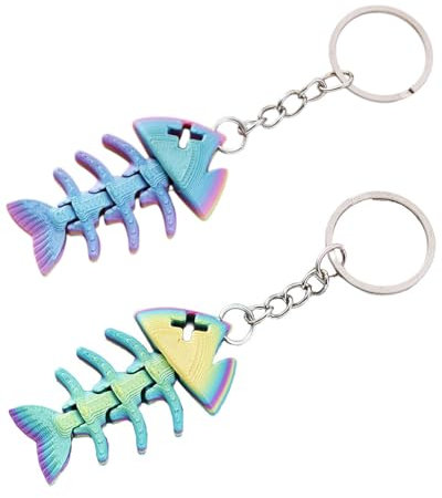 TPZORJX Lot de 2 porte-clés en os de poisson imprimé en 3D, mini os de poisson imprimé en 3D, porte-clés en os de poisson à articulation mobile, porte-clés d'anniversaire pour enfants