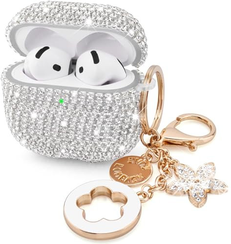 VISOOM Hülle Kompatibel mit Airpods 4 Cases 2024,Nette Schmuck Diamant Hülle für Frauen, Sparkly Air Pods 4 Gen Hülle Hard TPU Airpod 4th Generation Glitter Case mit Bling Schlüsselanhänger,Weiß
