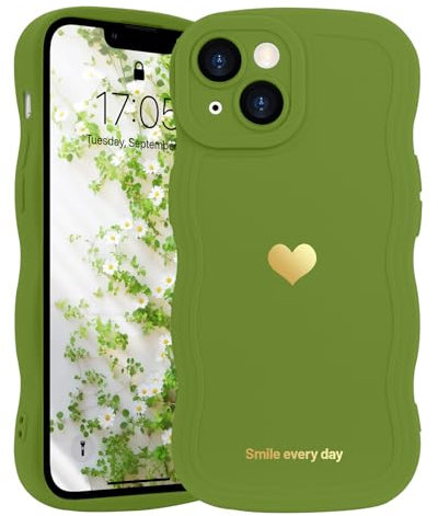 LAPOPNUT for iPhone 13 Case,Cute Curly Wave Frame Love Heart Phone Case for Girls Women,Soft Silicone TPU Bumper Shockproof Camera Protective Cover for iPhone 13 6.1 inch,Light Green